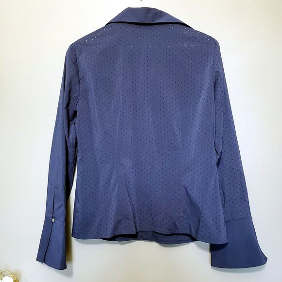 Due Per Due Shirt Women's Size 6 Navy Blue Long Sleeve Button Up Dot Business - Picture 2 of 8